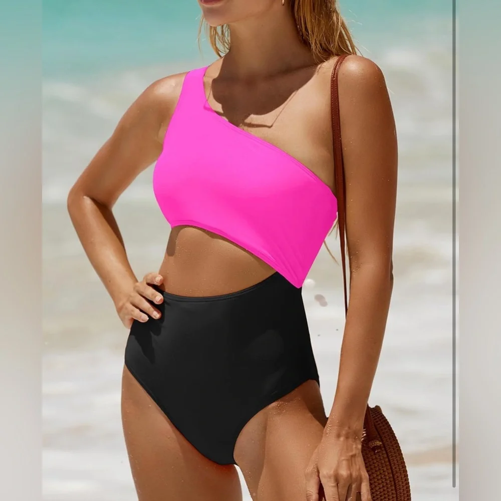 Younique S One Shoulder One Piece Swimsuit‎ Cutout Colorblock High Waist Bikini